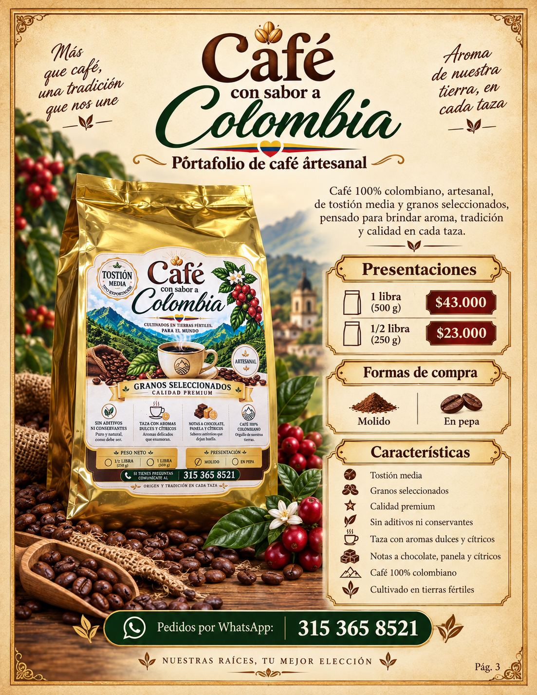 Café colombiano artesanal de tostión media de Jardín Frutálico, molido o en grano